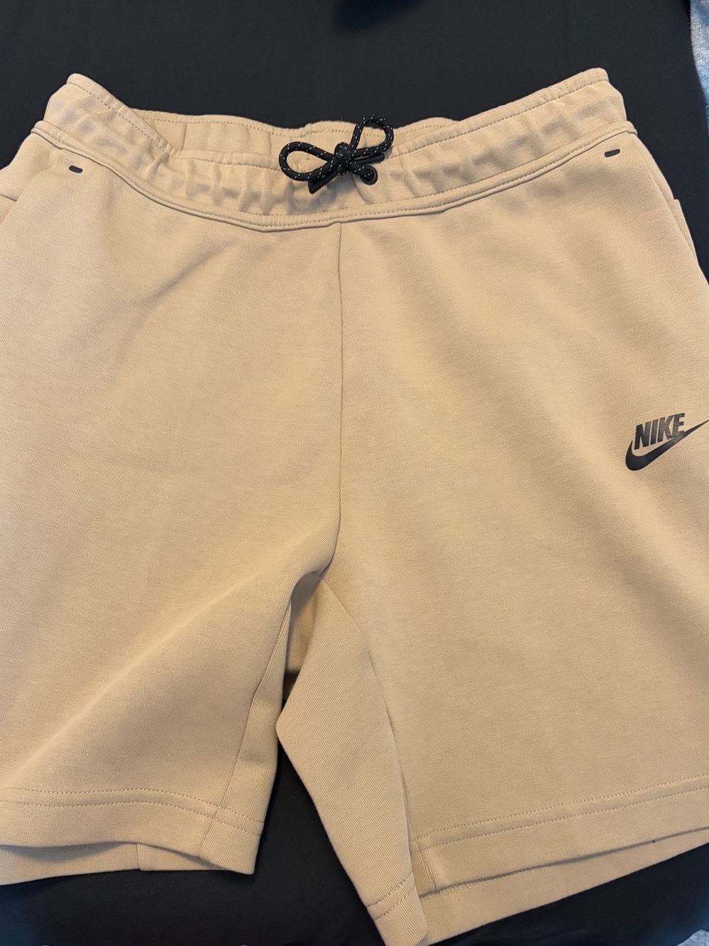 Nike Men’s Beige Athletic Fleece Shorts with Black Drawstring